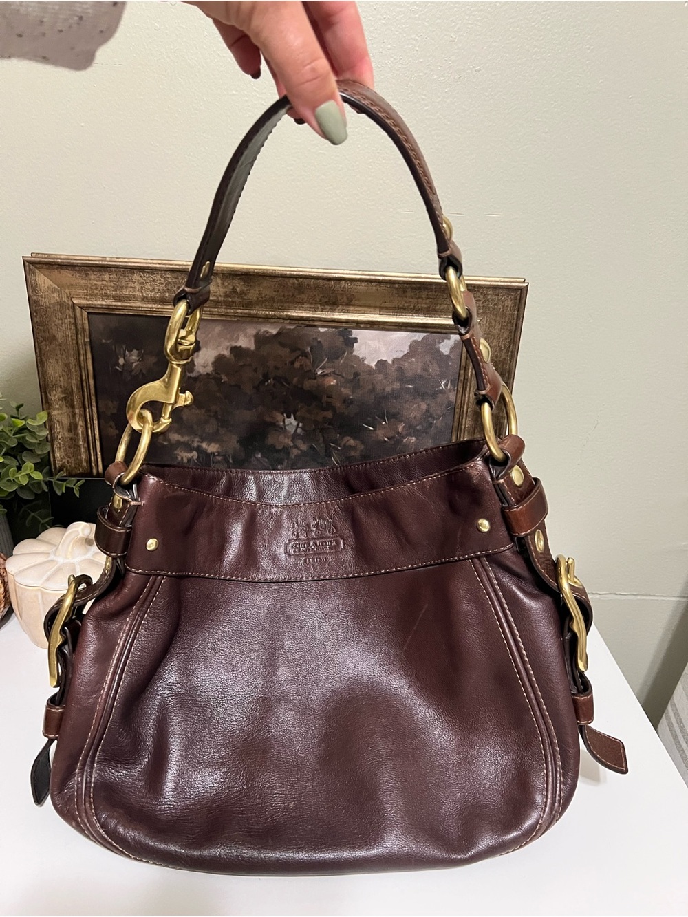Coach Dark Brown Leather Shoulder Bag with Brass Hardware